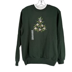 Morning Sun Christmas Sweatshirt Size S Green Winter Bird Tree Rhinestone NEW